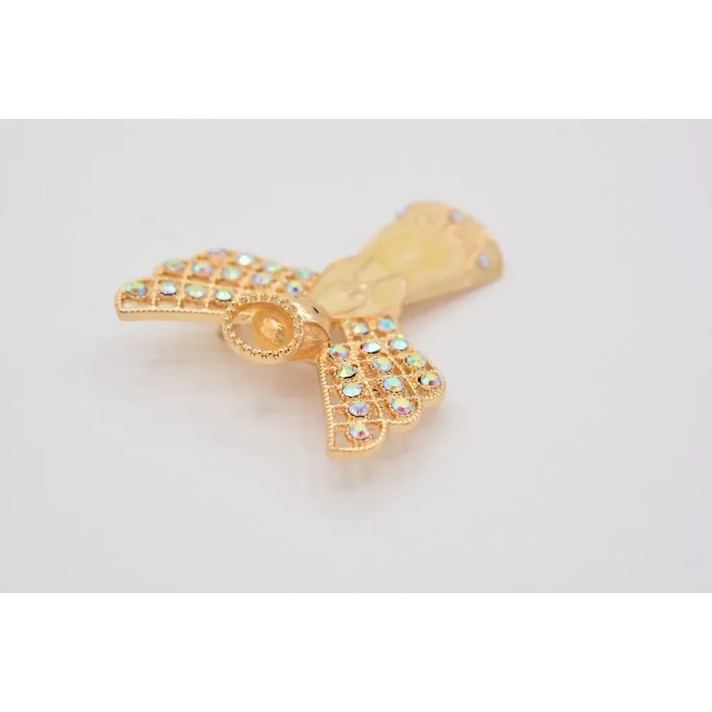 Monet Vintage Crystal Angel Pin Brooch Enamel Gold AB Rhinestone Christmas BinAT